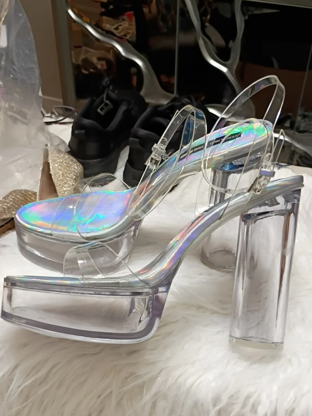 New Steve Madden Jessica Rich Iridescent Clear Platform Heels - Holographic 9.5M